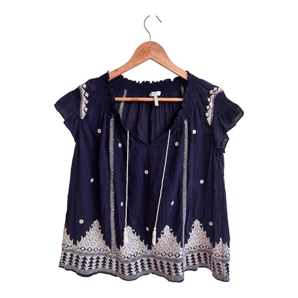 Joie Navy Blue Short Flutter Sleeve Embroidered Boho Womens Size S Peasant Top - Picture 1 of 14
